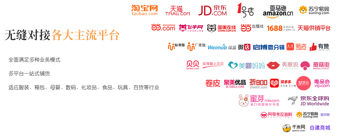 無(wú)縫對(duì)接超過(guò)70+主流電商平臺(tái)，多平臺(tái)多店鋪訂單實(shí)時(shí)同步，通過(guò)API接口快速下載全網(wǎng)訂單，穩(wěn)定高效不漏單。